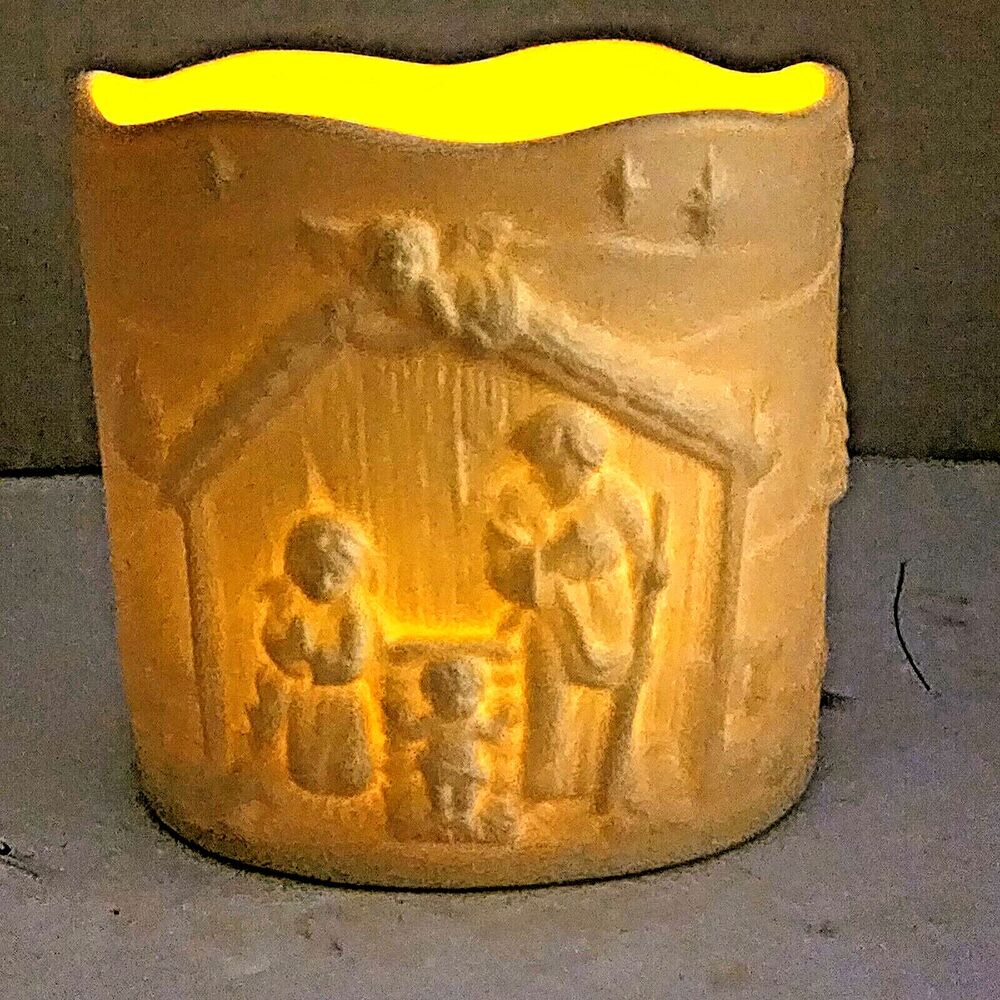 Wangs Traditions Porcelain Candle Holder Nativity Manger Scene Bisque Vtg
